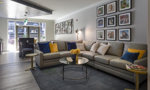 a room with a couch and a coffee table